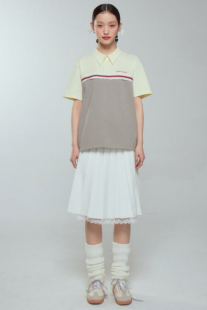 Color Block Lace Trim Cotton Polo