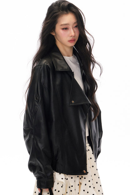 Black PU Lapel Biker Jacket, Polka Skirt and Dress Set-Up