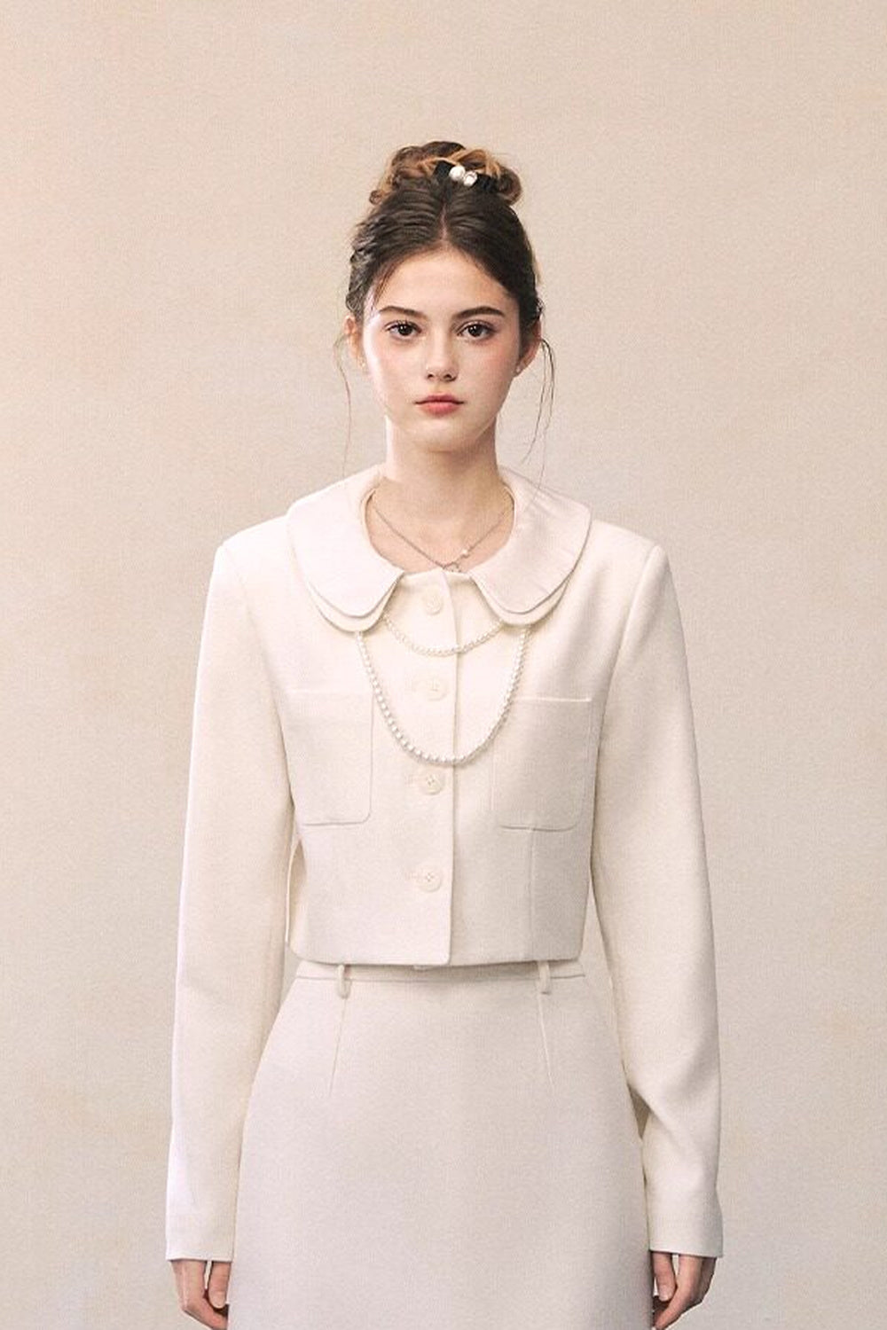 White Short Blazer And High-Waisted Skirt Set-Up