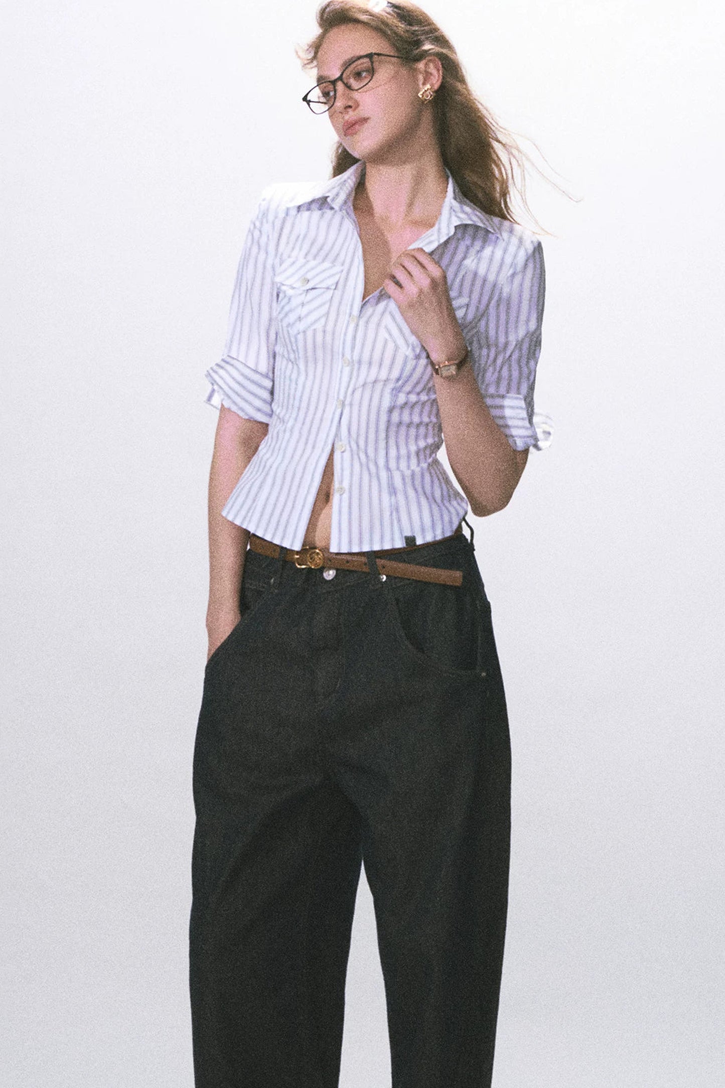 Mid-Sleeve Waist-Cinching Blouse