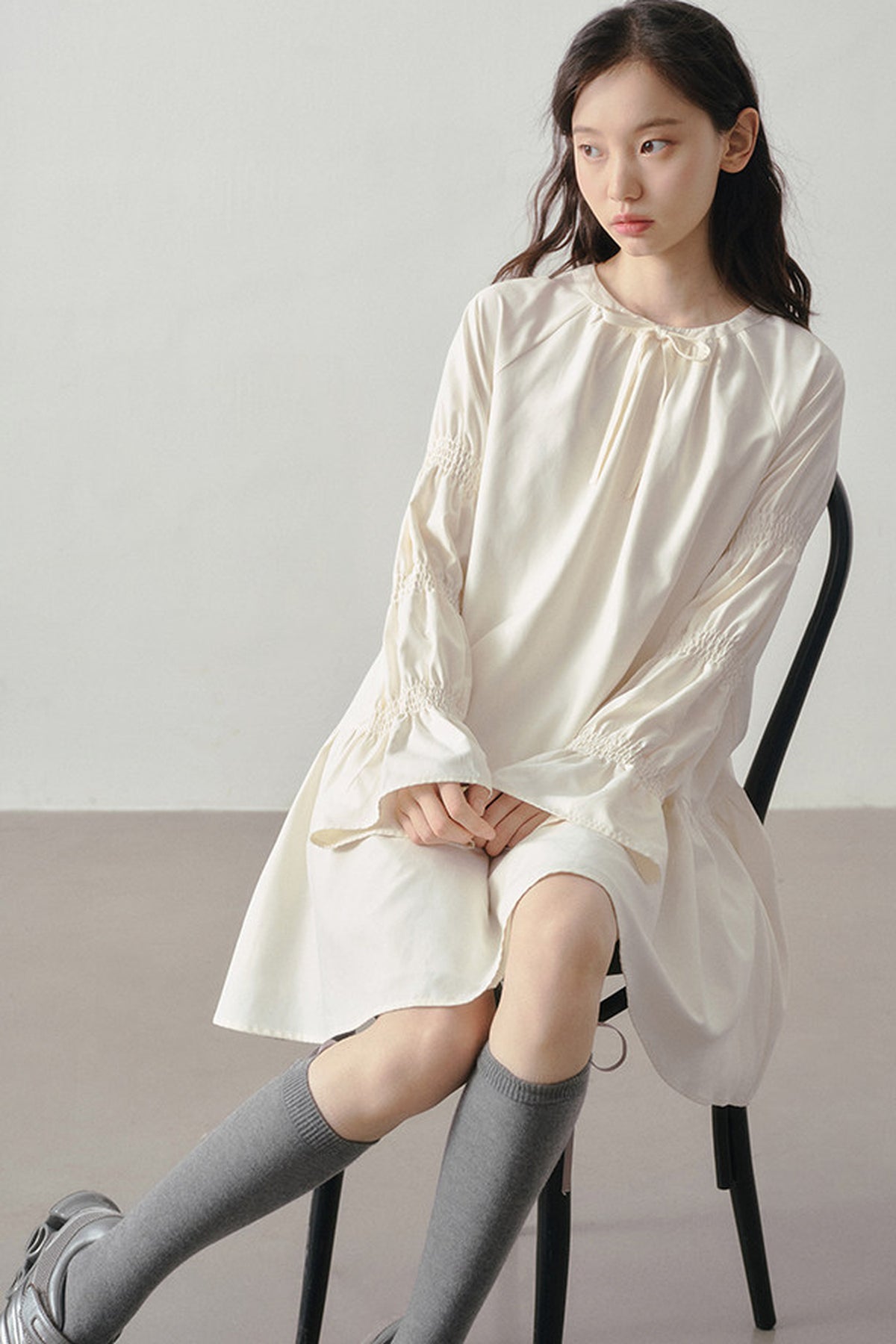 Beige Long Sleeve Shirt Dress