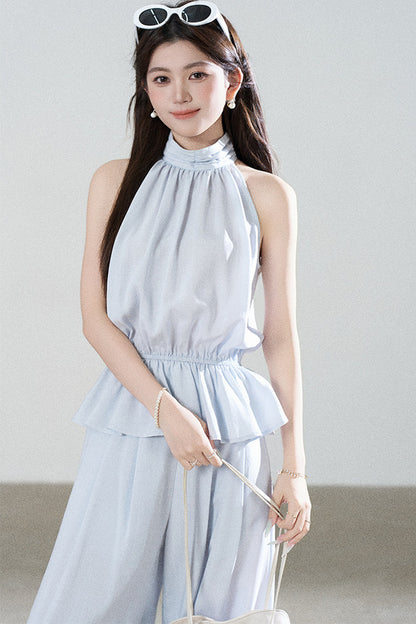 Blue Tencel Halter Shirt and Wide-Leg Pants Set