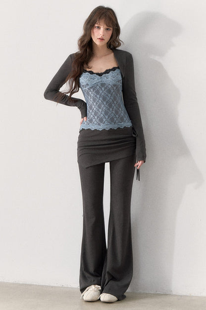 Lace Trim Knit Top and Flared Pants Set-Up