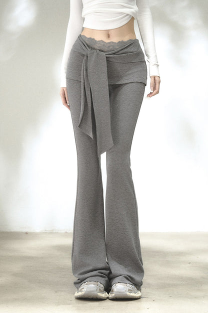 Fold-Over Waist Lace Tie-Up Flared Pants