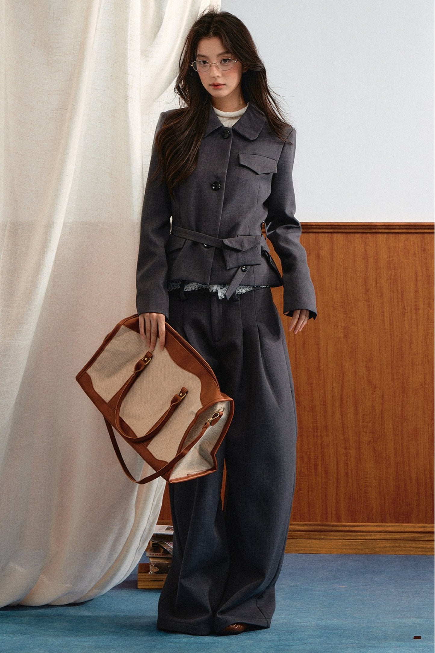 Relaxed Retro Lapel Top and Lace Waistband Pants Set-Up