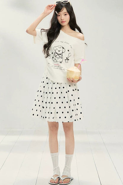 White Puppy Print Off-Shoulder Tee