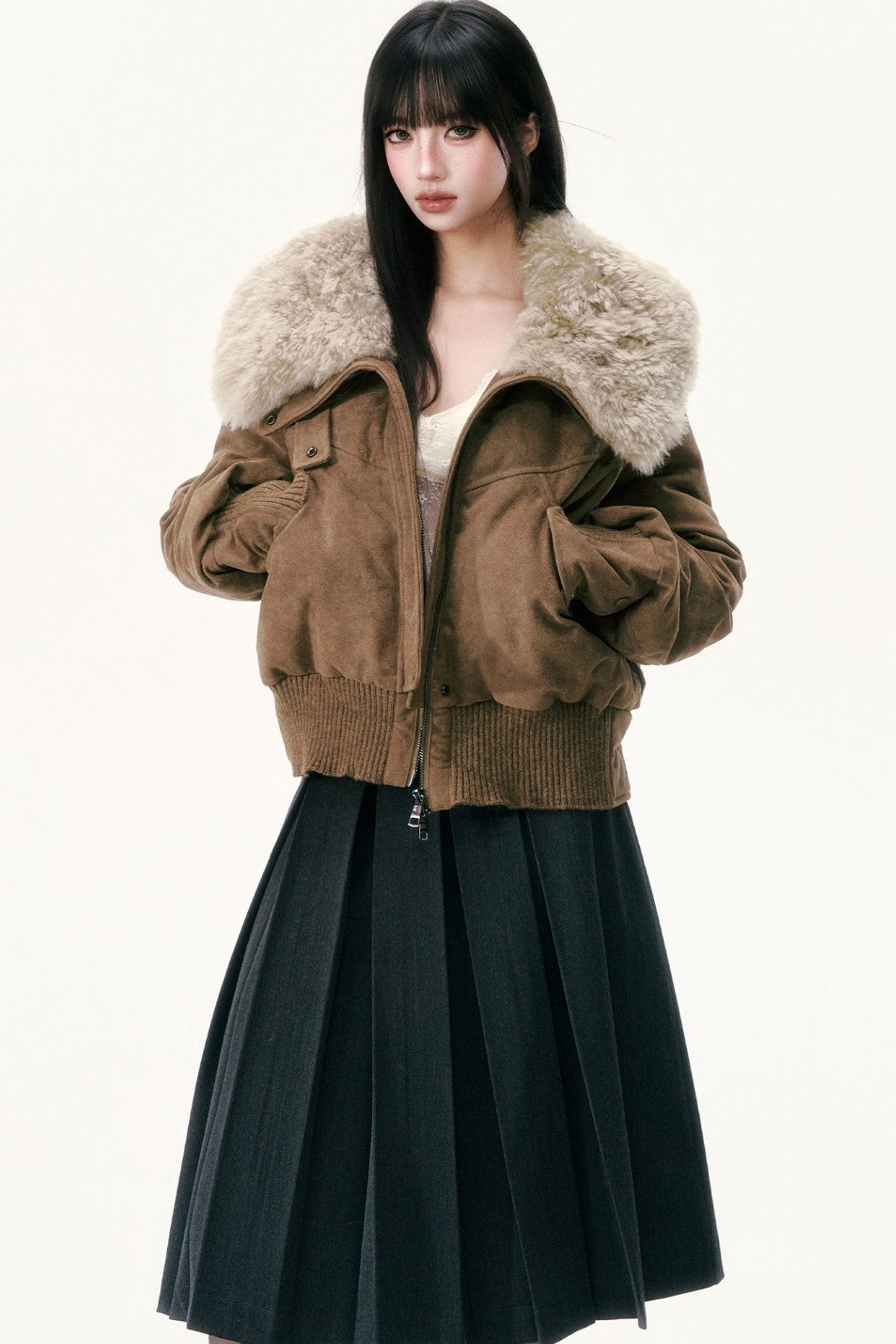 Olive Green Wool Collar Down Jacket