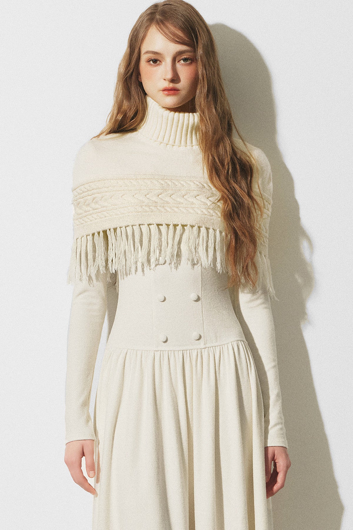 Knitted Sweater Cape and Double-Breasted Dress Set-Up