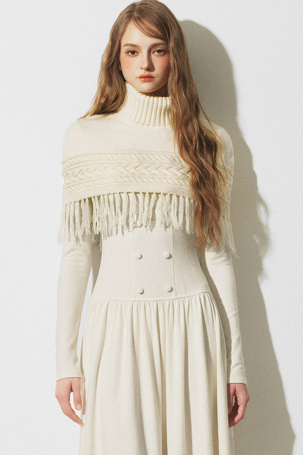 Knitted Sweater Cape and Double-Breasted Dress Set-Up