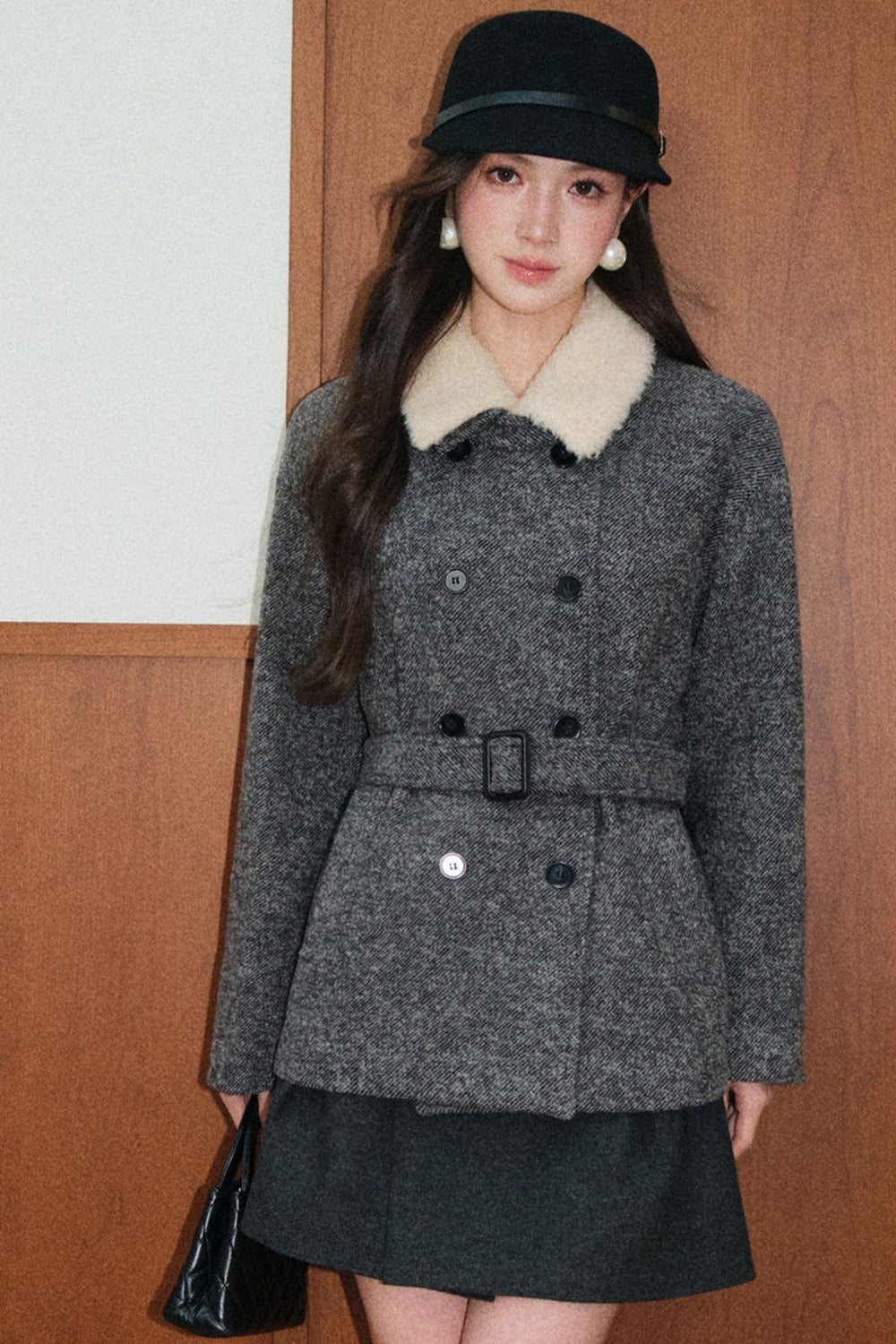 Double-Breasted Wool Fur Collar Coat