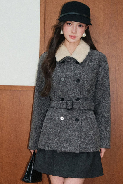 Double-Breasted Wool Fur Collar Coat