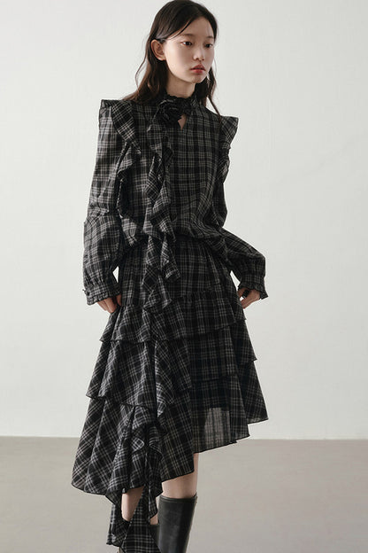 Retro Plaid Shirt and Half Skirt Set