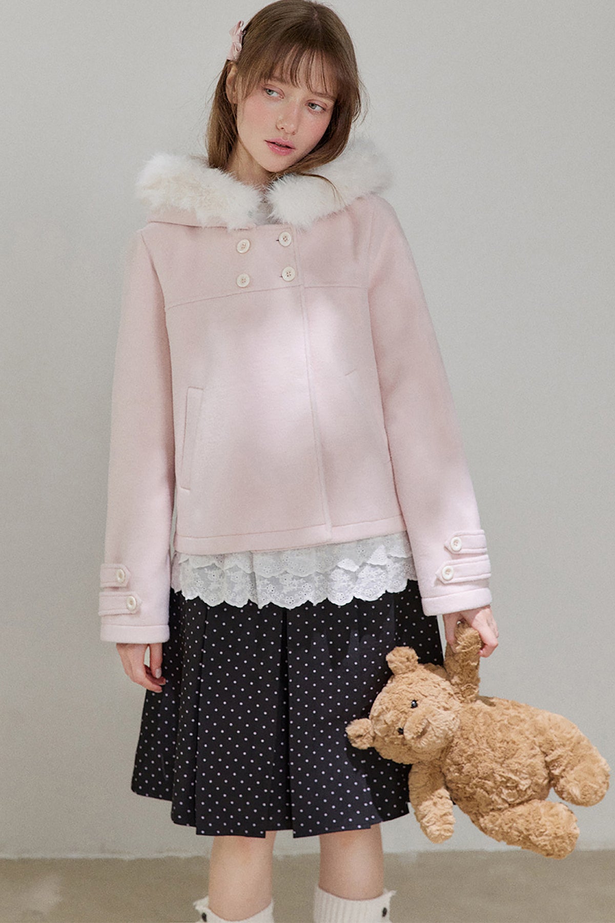 Lace Trim Fur Collar Hooded Coat