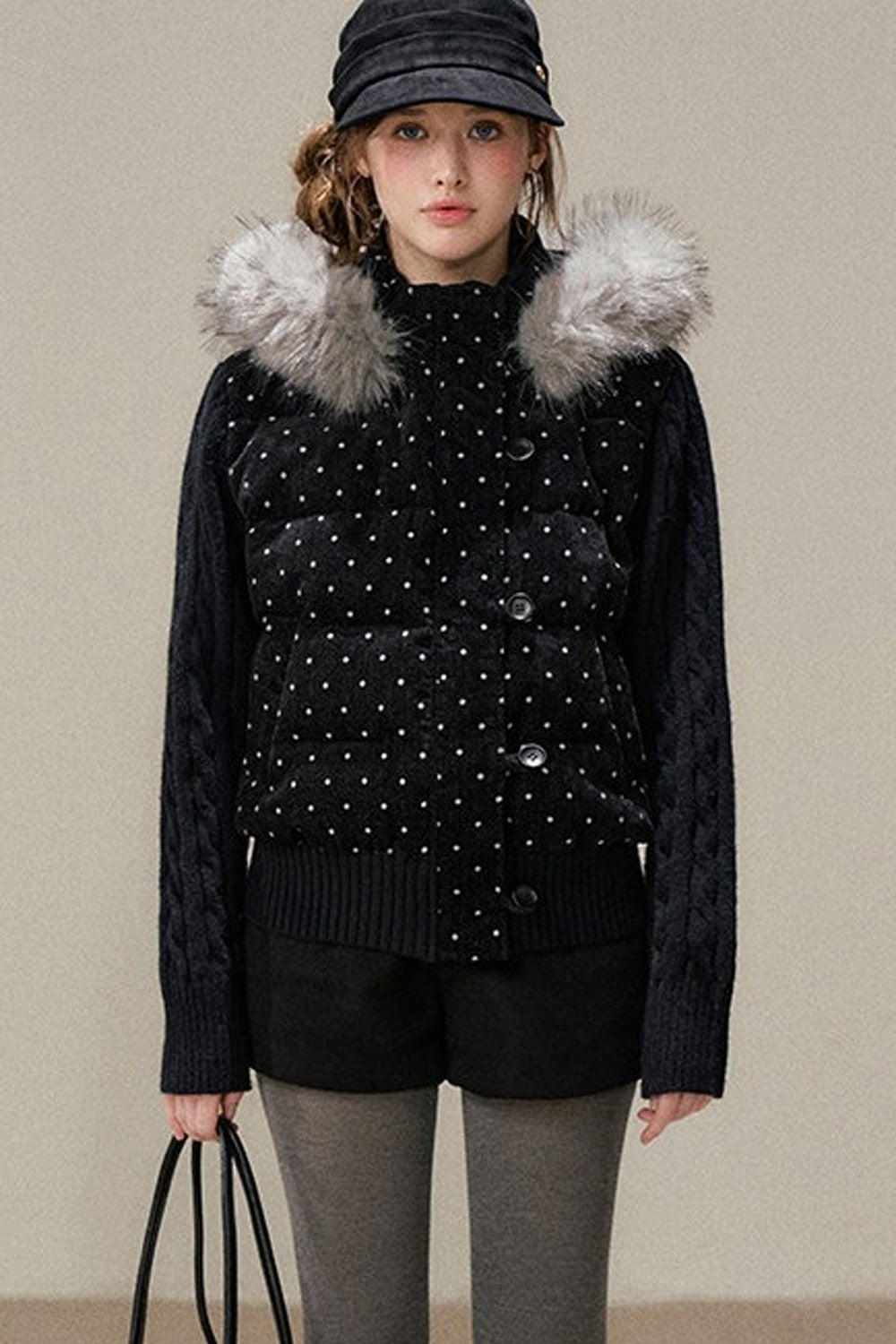 Black Chenille Polka Dot Hooded Down Jacket