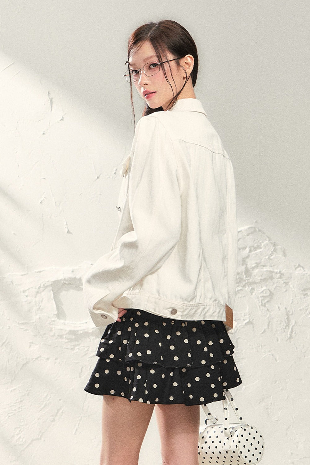 White Denim Jacket and Black Polka Skirt Set-Up