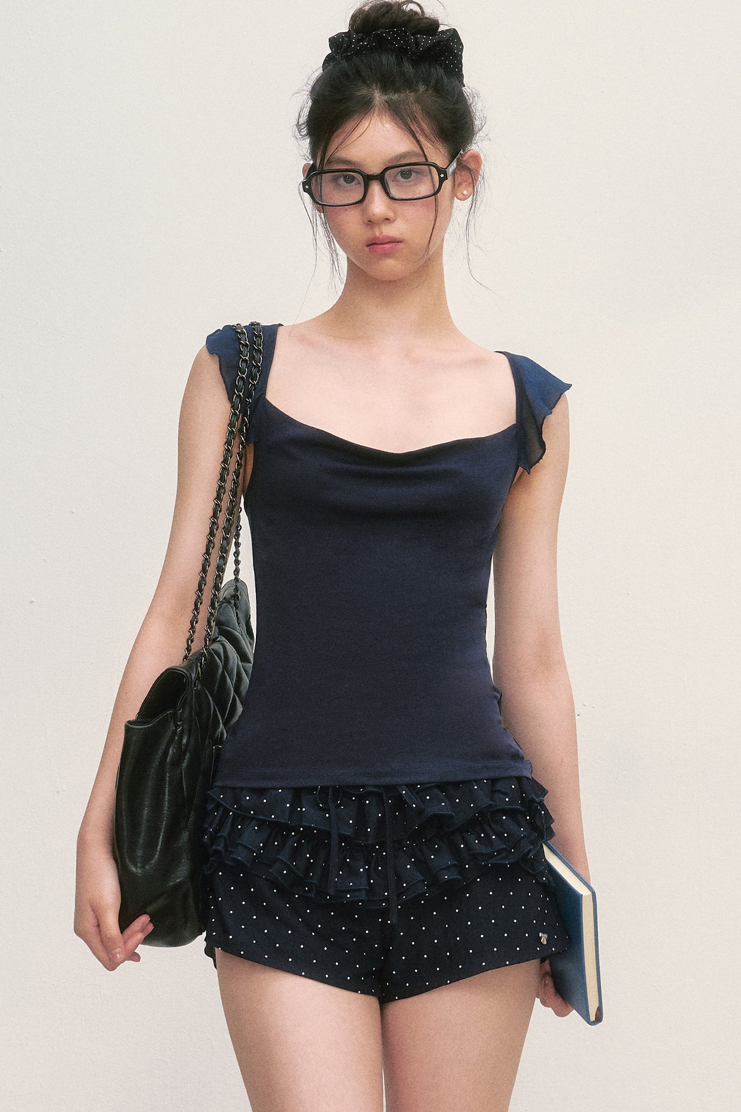 Navy Blue Flutter-Sleeve Chiffon Camisole