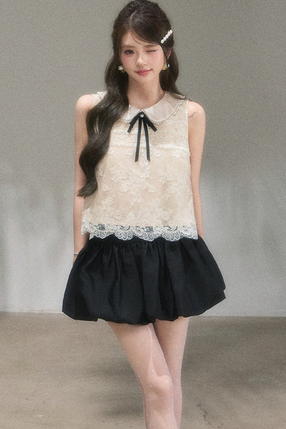Doll Collar Lace Top and Floral Skirt Set-Up