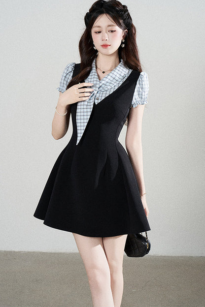 Black Short-Sleeved Patchwork Plaid A-Line Dress