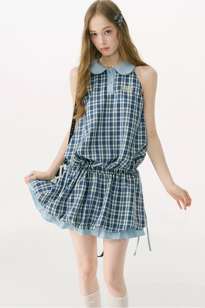 Robe bleue à carreaux avec col Claudine