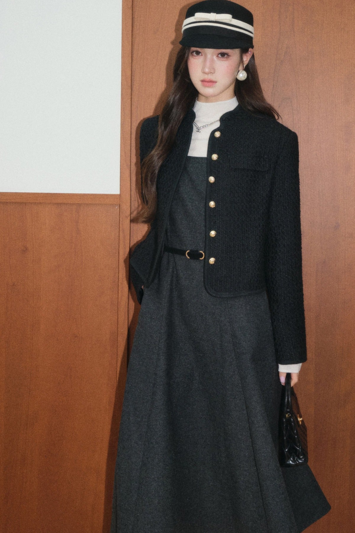 Black Tweed Jacket and Square-Neck Dress Set-Up