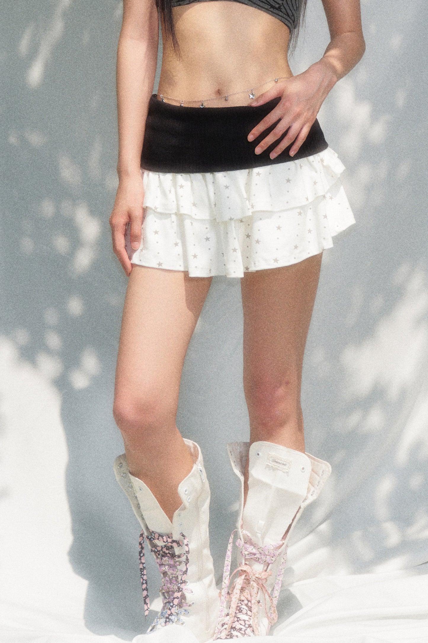 Star Print Color-Blocked Waist Short Skirt