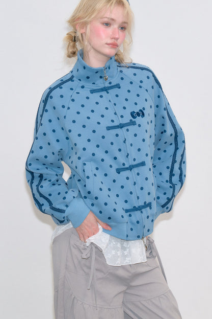 Blue Polka Dot Zipper Hoodie Jacket