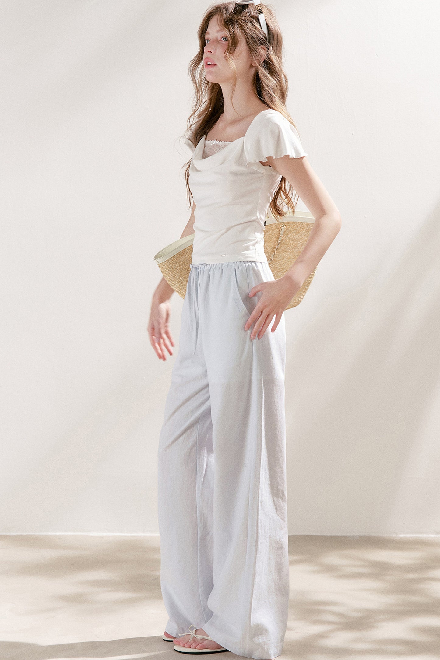 High-Waisted Linen Cotton Drawstring Wide-Leg Pants