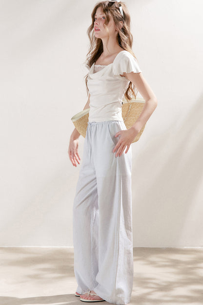 High-Waisted Linen Cotton Drawstring Wide-Leg Pants