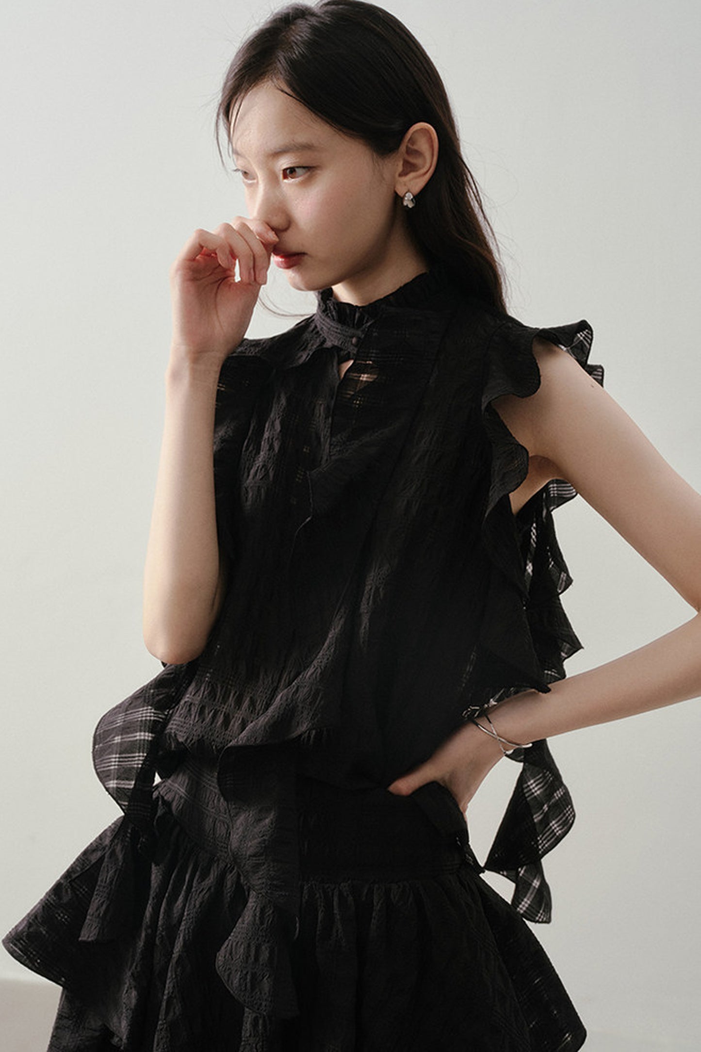 Textured Ruffle Collar Top And A-Line Skirt Set