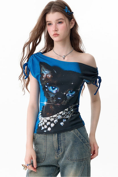 Maglia monospalla estiva con stampa gatto
