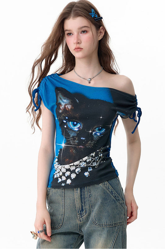 Maglia monospalla estiva con stampa gatto
