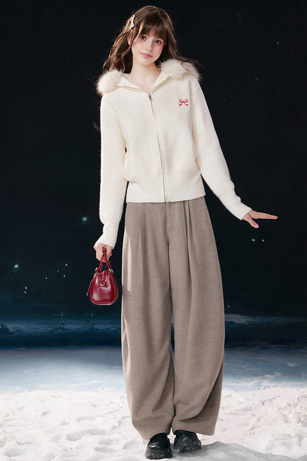 Embroidered Hooded Fur Collar Cardigan