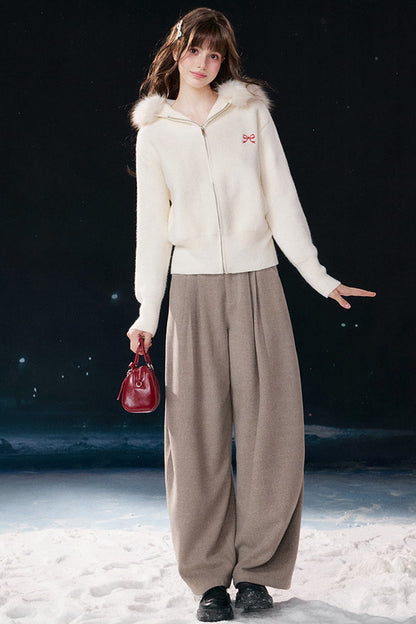 Embroidered Hooded Fur Collar Cardigan