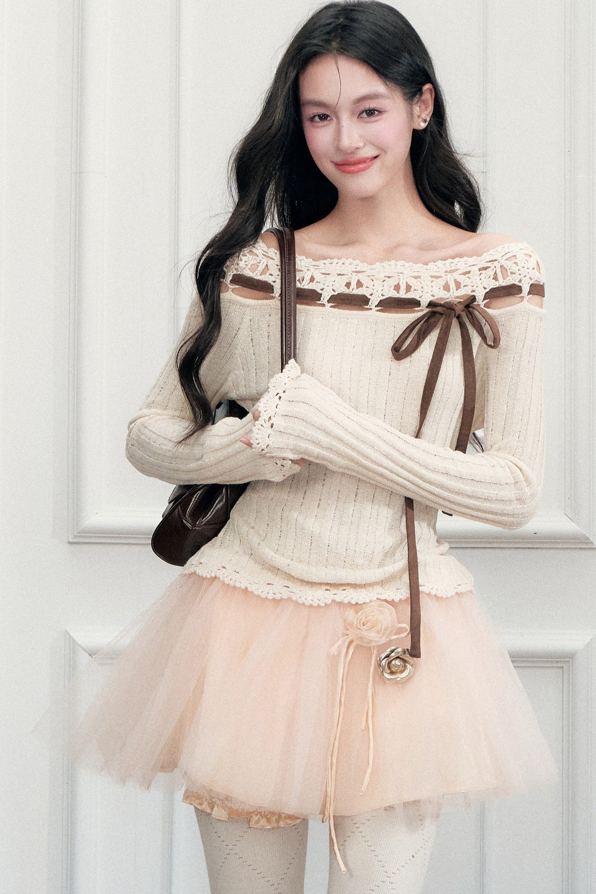 Ribbon Trim Crochet Off-Shoulder Knit Top And Short Skirt Set-Up