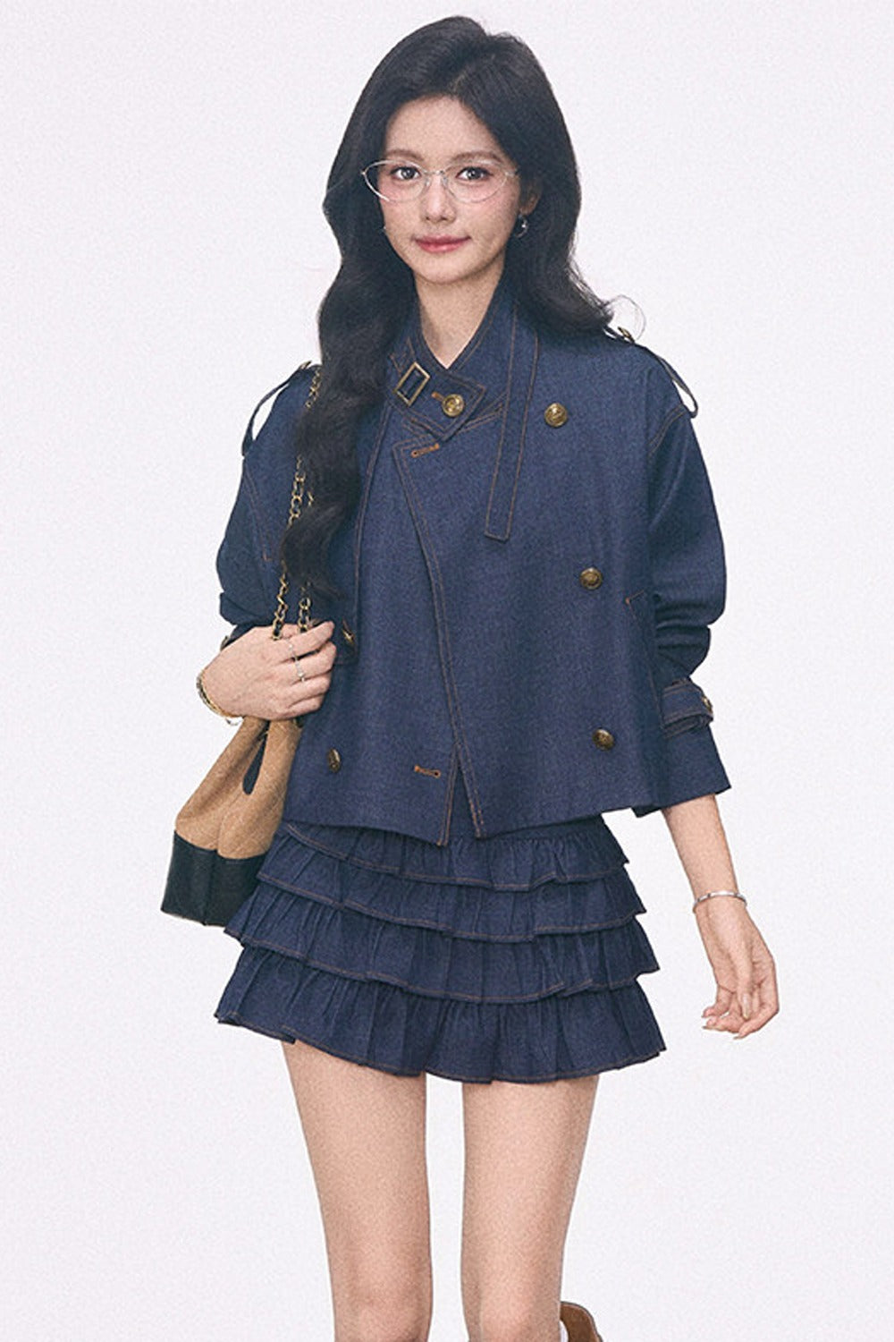 Imitation Denim Short Jacket and Cake Skirt Set