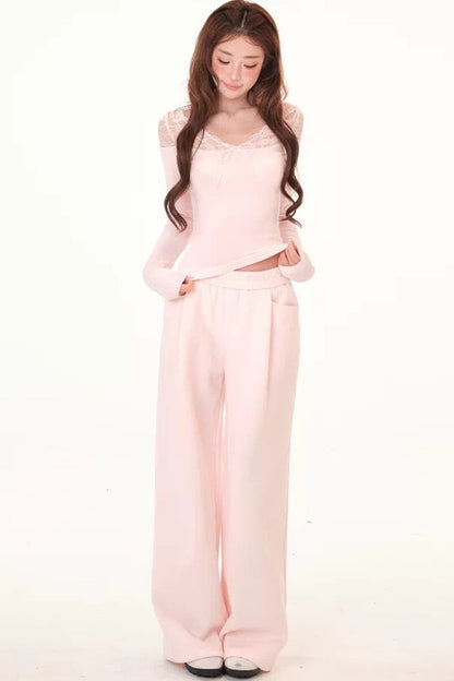 Lace Splice Fleece Shirt and Wide-Leg Sweatpants Set-Up