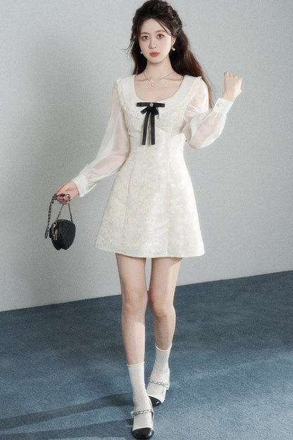 Waist-Cinching A-Line Jacquard Long-Sleeve Dress