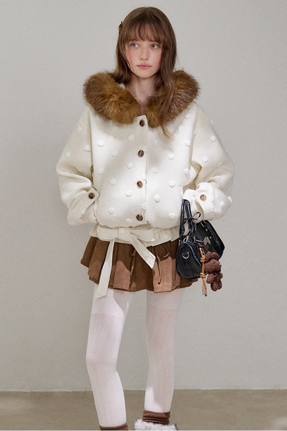 Petite Polka Dot Hooded Fur Coat