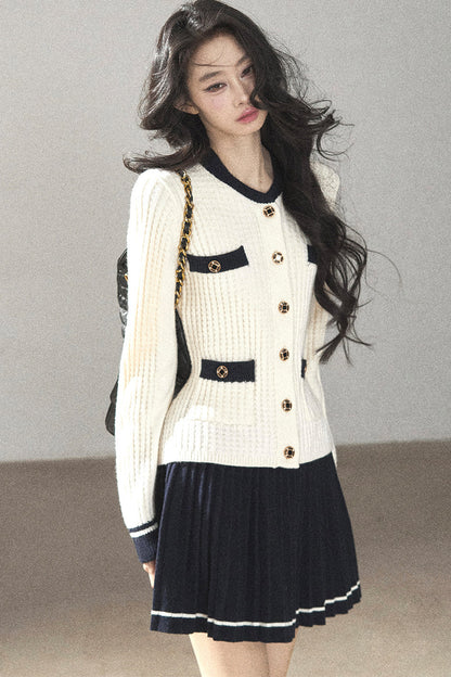 Ensemble deux pièces cardigan en tricot de laine et jupe