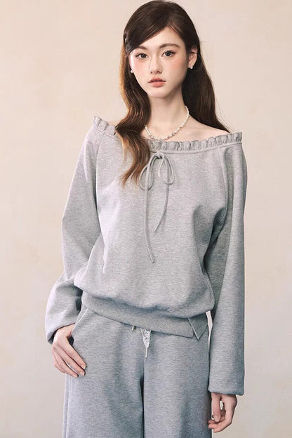 Gray Off-Shoulder Sweatshirt and Sweatpants Skirt Set-Up