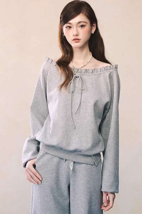 Gray Off-Shoulder Sweatshirt and Sweatpants Skirt Set-Up