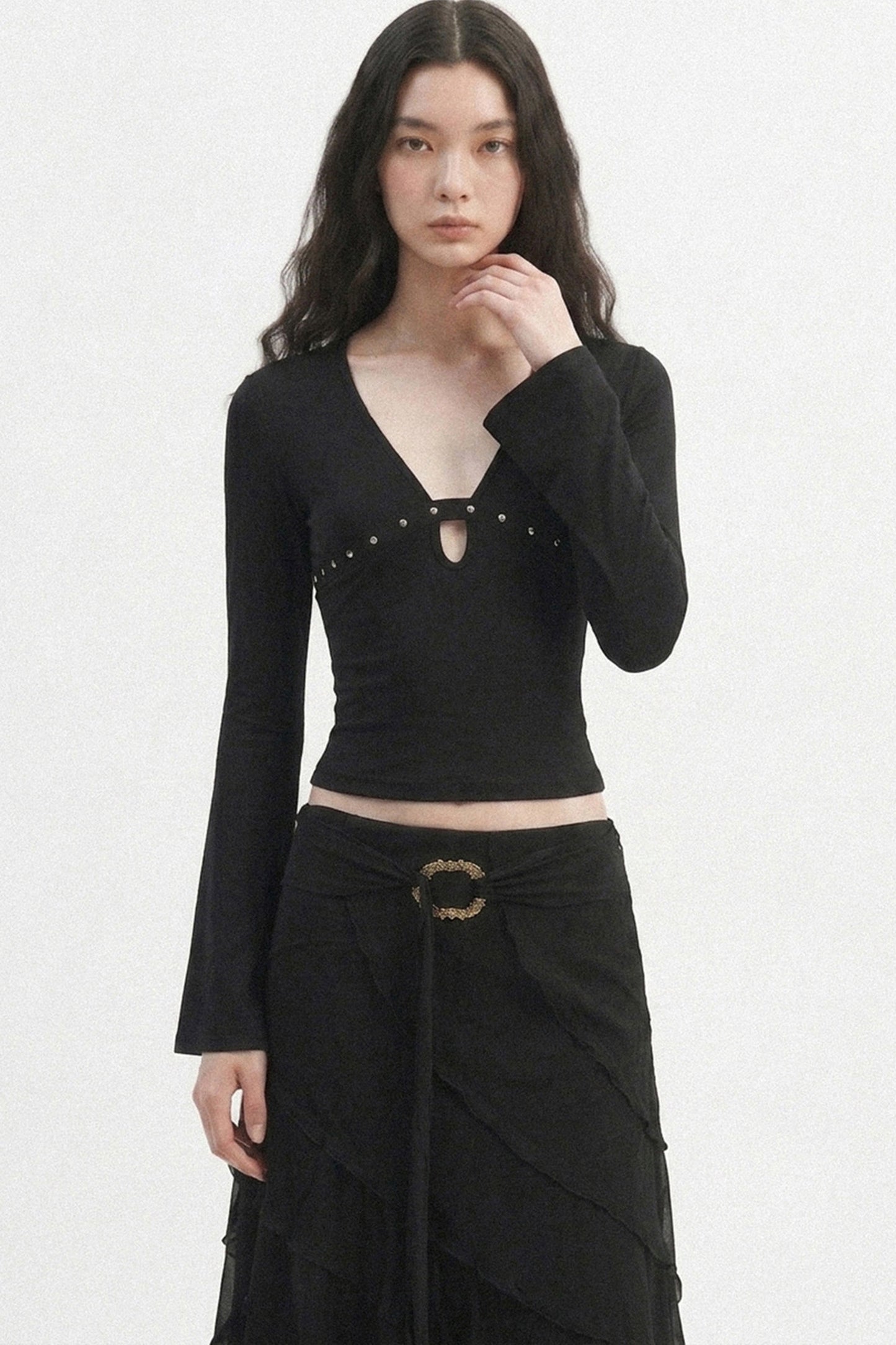 V-Neck Hollow-Out Long-Sleeve Top