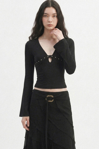 V-Neck Hollow-Out Long-Sleeve Top
