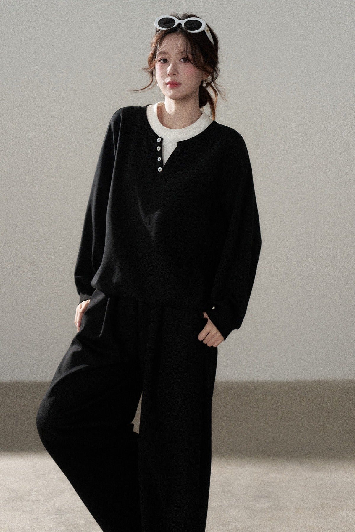 Hooded Shawl Sweatshirt and Wide-Leg Pants Set-Up