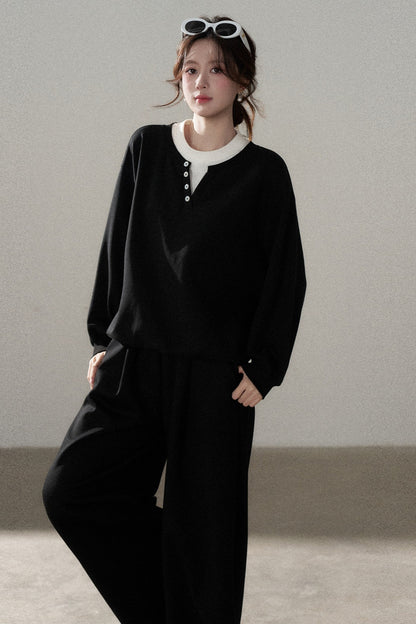 Hooded Shawl Sweatshirt and Wide-Leg Pants Set-Up
