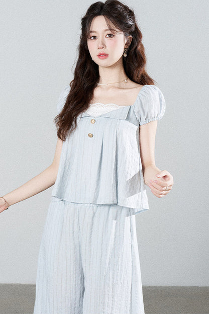 Blue Striped Square-Neck Shirt and Wide-Leg Pants Set-Up