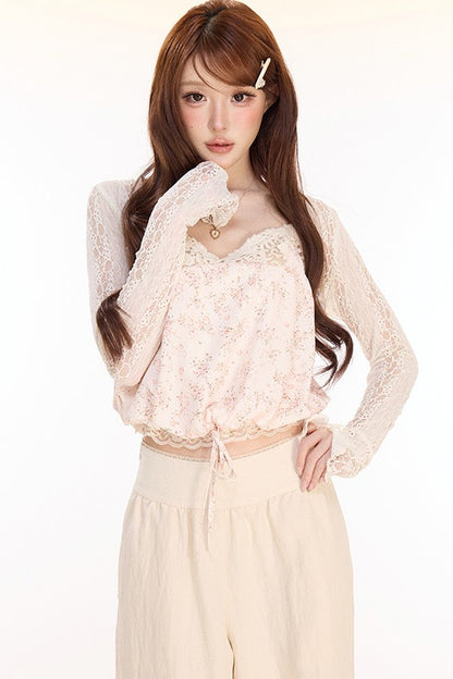 Conjunto de cárdigan, camisola y pantalones de encaje floral