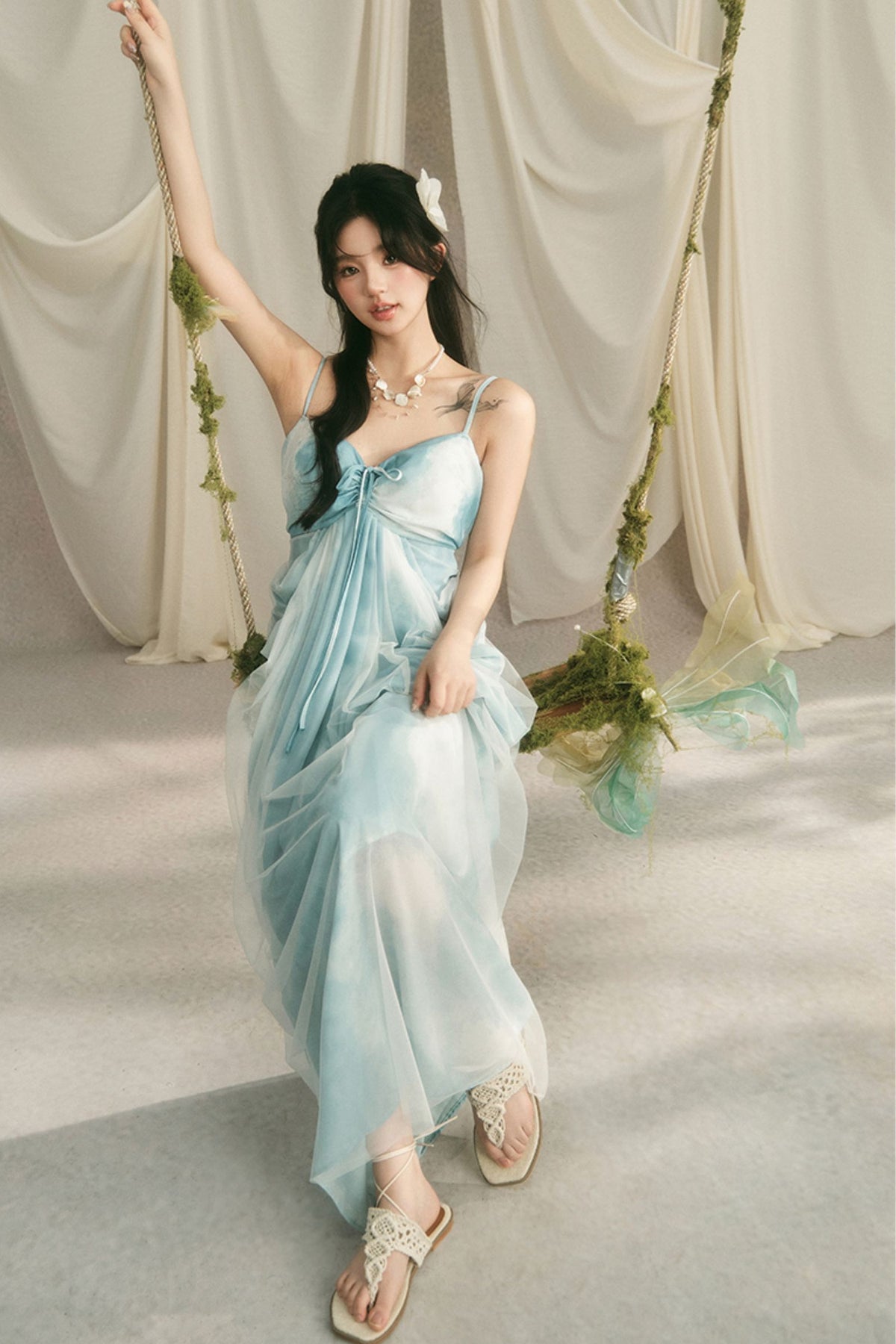 Blue Tie-Dye Cocoon Drawstring Slip Dress
