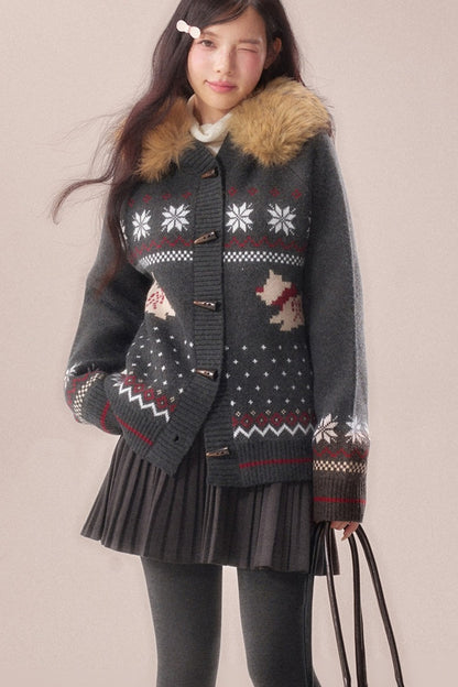 Cárdigan Fair Isle con cuello de pelo de perro