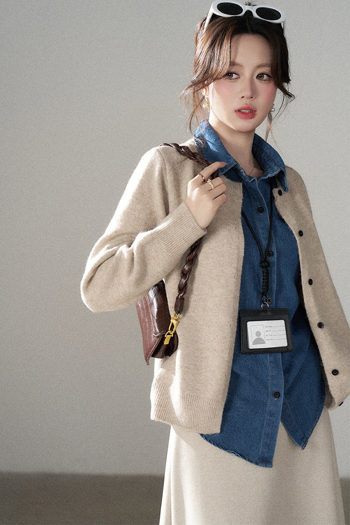 Layered-Look Denim Collar Sweater